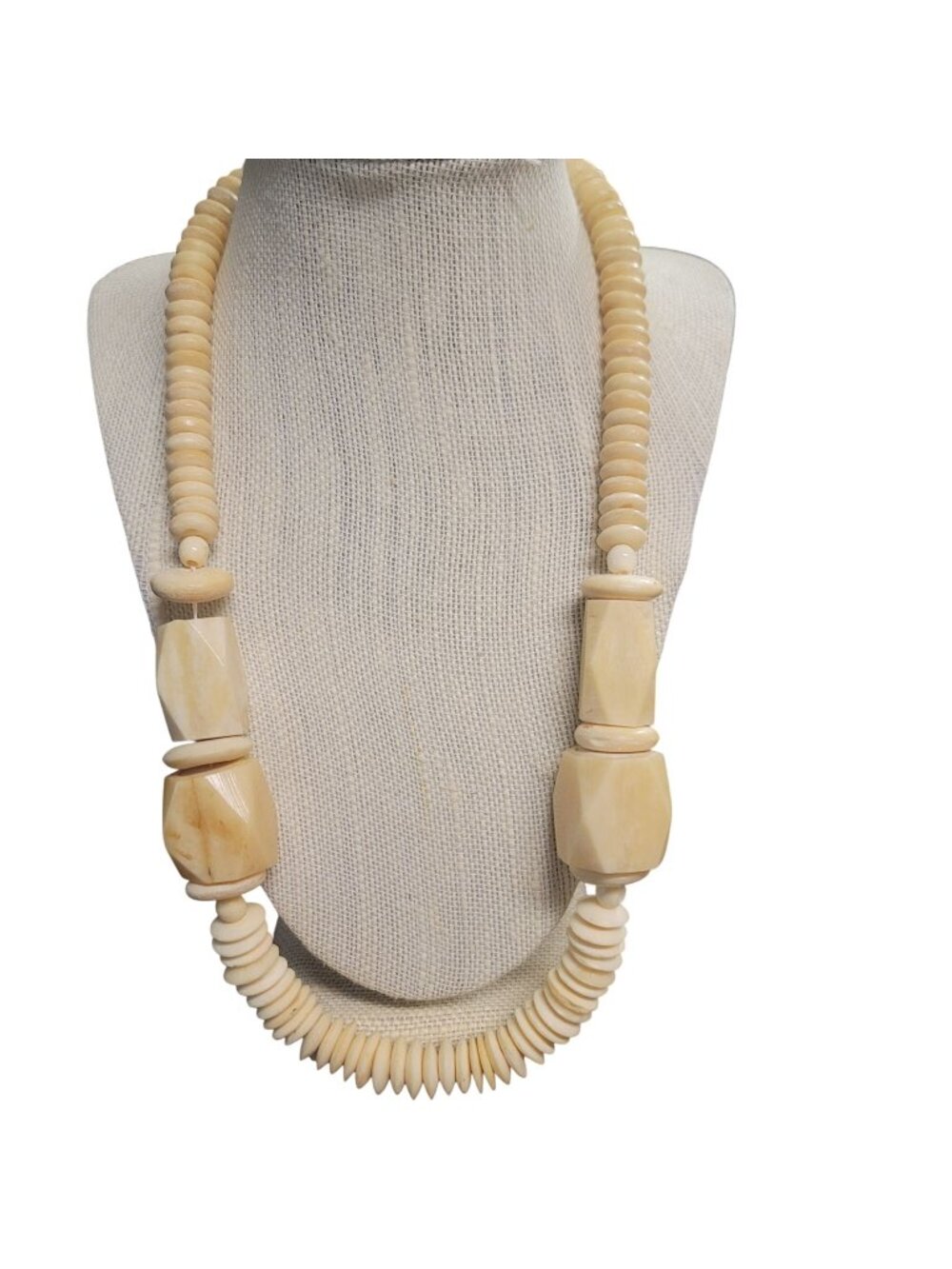 Chunky Vintage 1980's Beige Beaded Necklace Geometric Accents Statement Jewelry